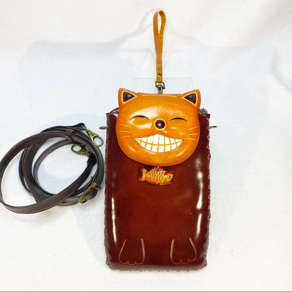 NOVELTY GRINNING KITTY W/ FISH CROSS-BODY CELLPHONE HOLDER WALLET 8x4.5” - Picture 8 of 16